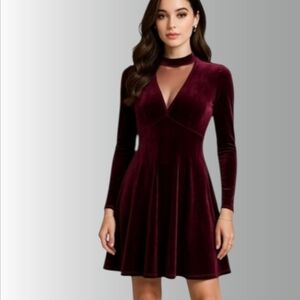 Romeo &‎ Juliet Velvet Dress Choker Neckline Burgundy Long Sleeve 90's Size M